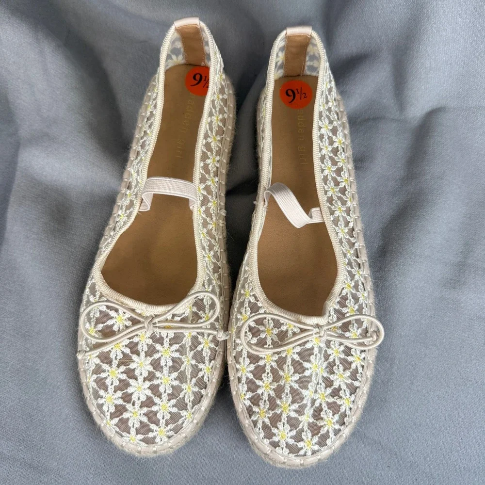 Madden Girl Cottagecore Flats Women 9.5 Beige Floral Mesh Mary Jane Bow Ballet